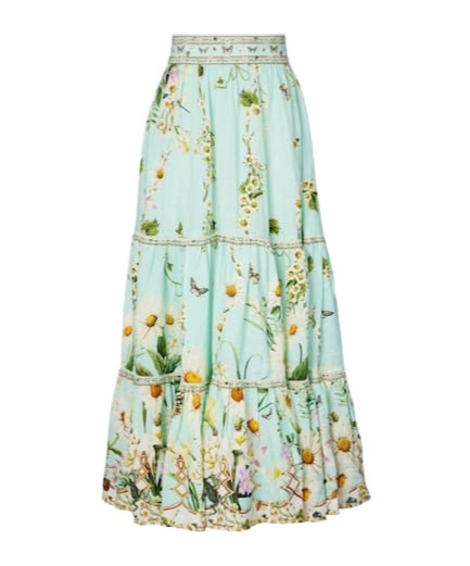 Camilla Floral Tiered Linen Maxi Skirt In Blue