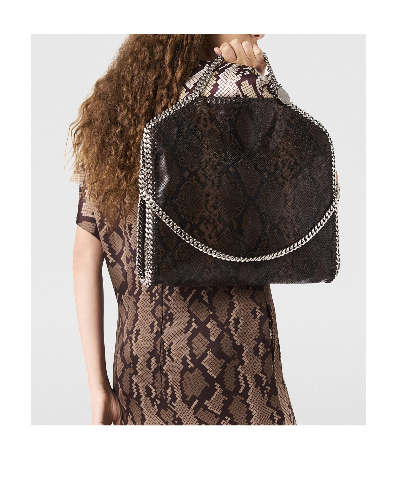 Stella Mccartney Falabella Fold-over Snakeskin-effect Tote Bag In Brown
