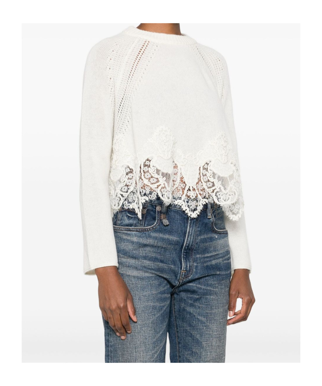 Ermanno Scervino Cropped Cashmere Sweater Lace Hem In White