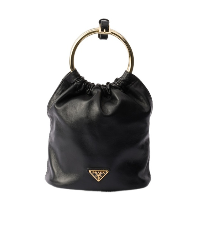 Prada Mini Logo Plaque Leather Bucket Bag In Black