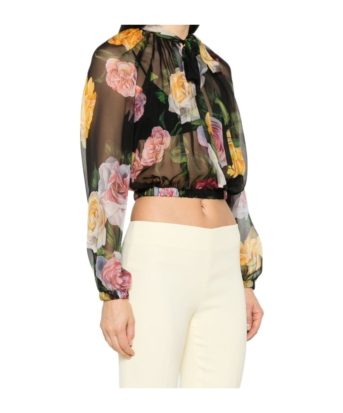 Dolce & Gabbana Rose Tie-neck Chiffon Cropped Blouse In Black