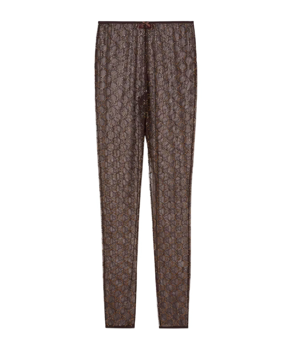 Gucci Tulle Leggings With Gg Crystals In Brown