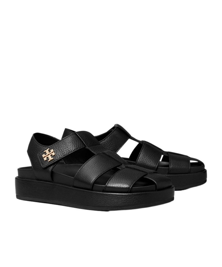 Tory Burch Kira Black Sandals With Logo Plaque In Grained Leather Woman In Black