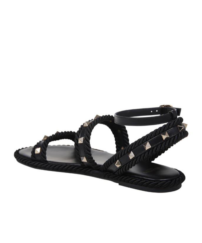 Valentino Round-headed Flat Sandals In Black