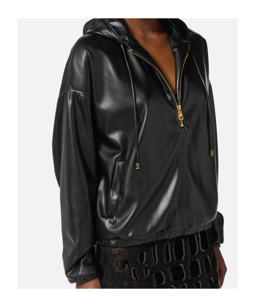 Elisabetta Franchi Sweatshirt With Nappa Leather Texture And Hood In Black