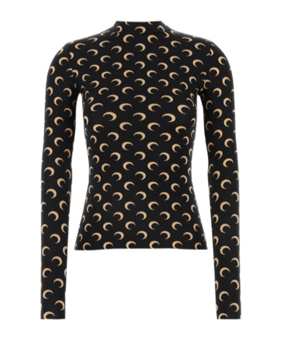 Marine Serre Crescent Print Turtleneck Long-sleeve Top In Black