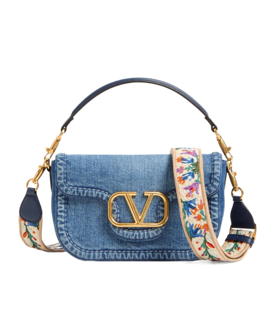 VALENTINO GARAVANI VALENTINO GARAVANI ALLTIME DENIM SHOULDER BAG WITH EMBROIDERED RIBBON STRAP