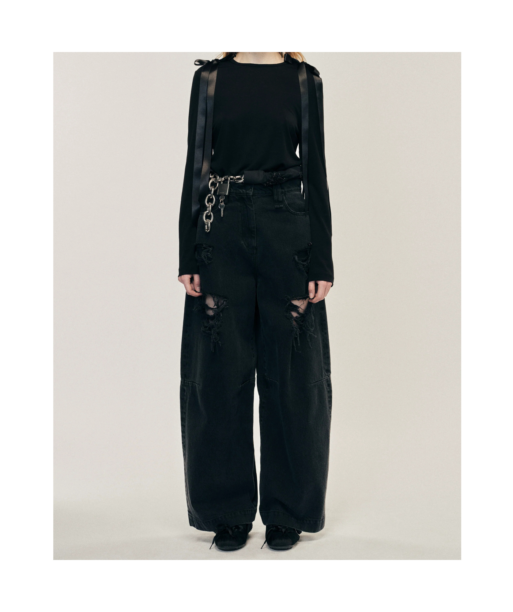 Simone Rocha Womens Black Bow-ribbon Long-sleeves Woven T-shirt In Black