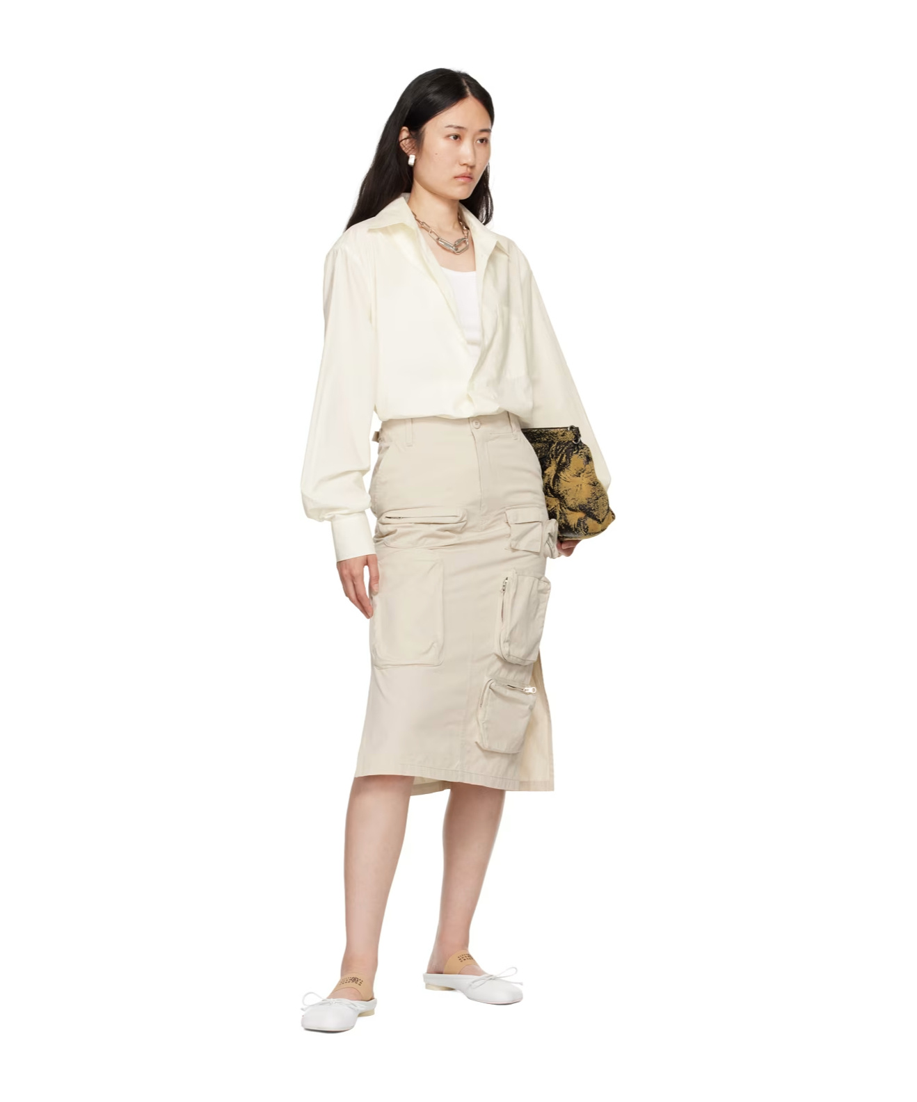 Mm6 Maison Margiela Cotton Gabardine Midi Cargo Skirt In White