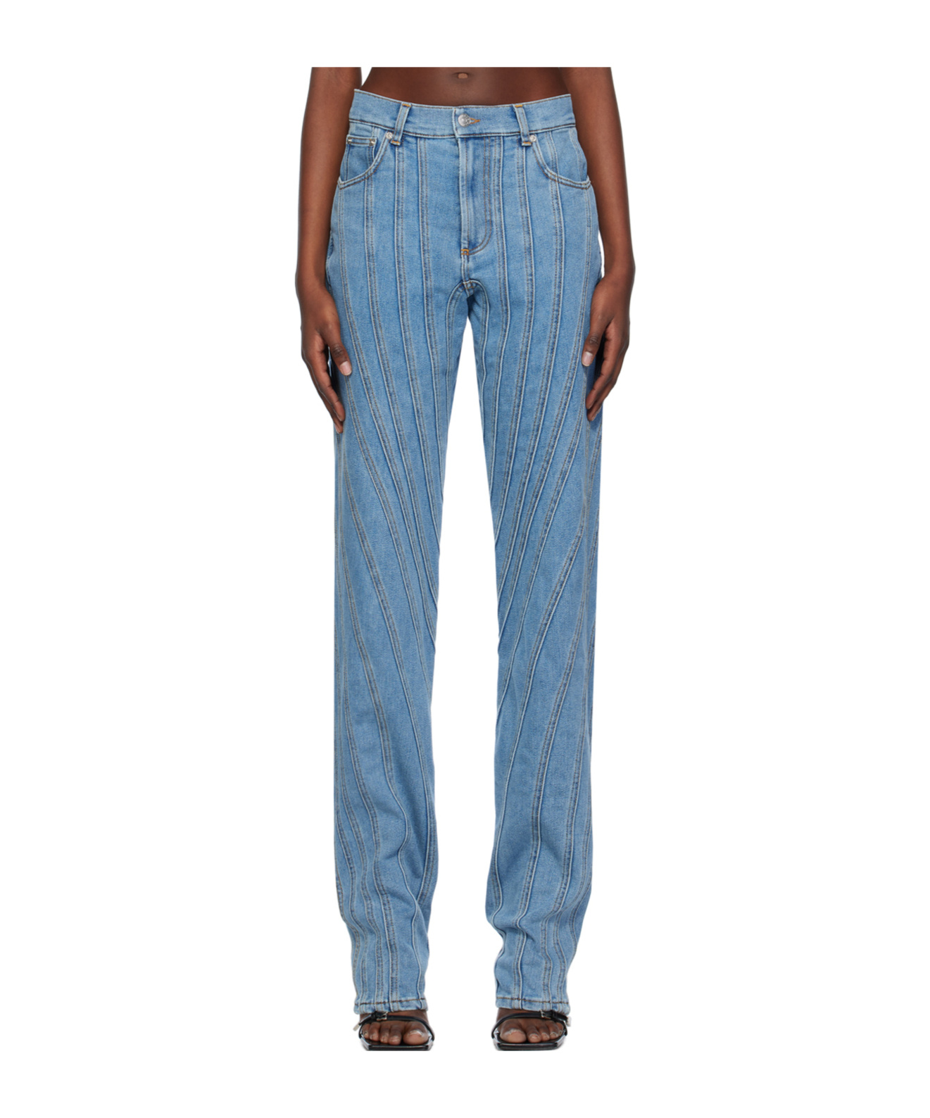 Mugler Seam-embellished Straight-leg High-rise Stretch-denim Jeans In Blue