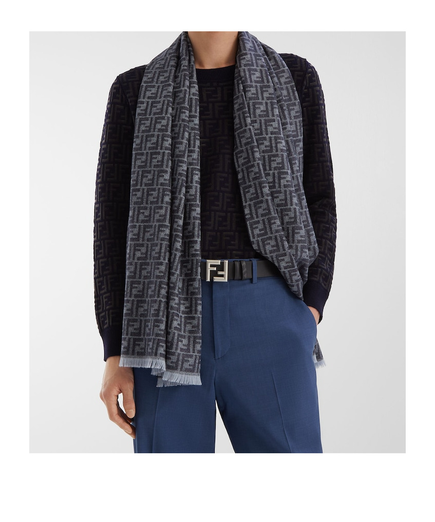 Fendi Ff Jacquard Frayed-edge Scarf In Gray