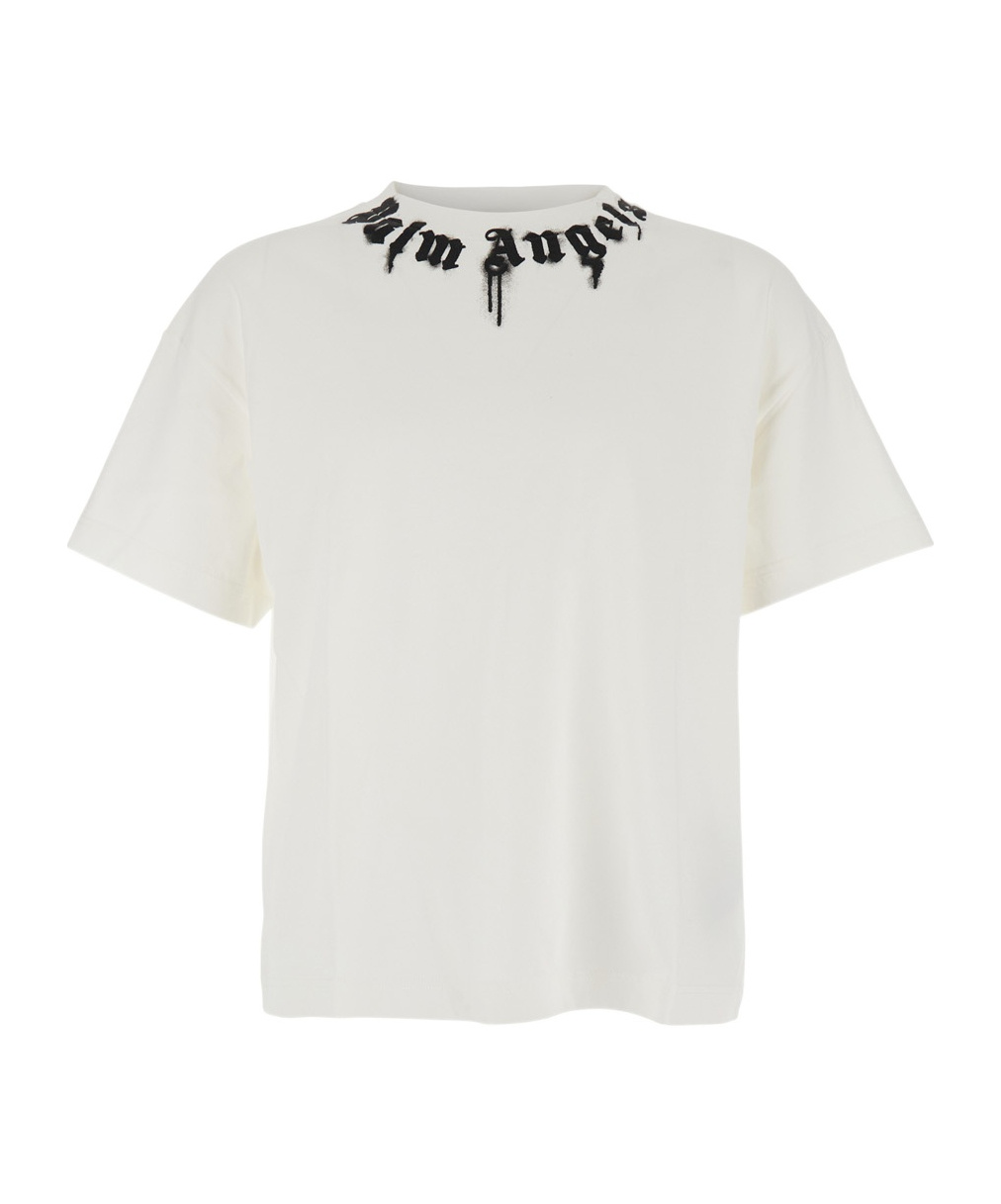 Palm Angels Classic Fit White Cotton T-shirt With Graphic Branding In White