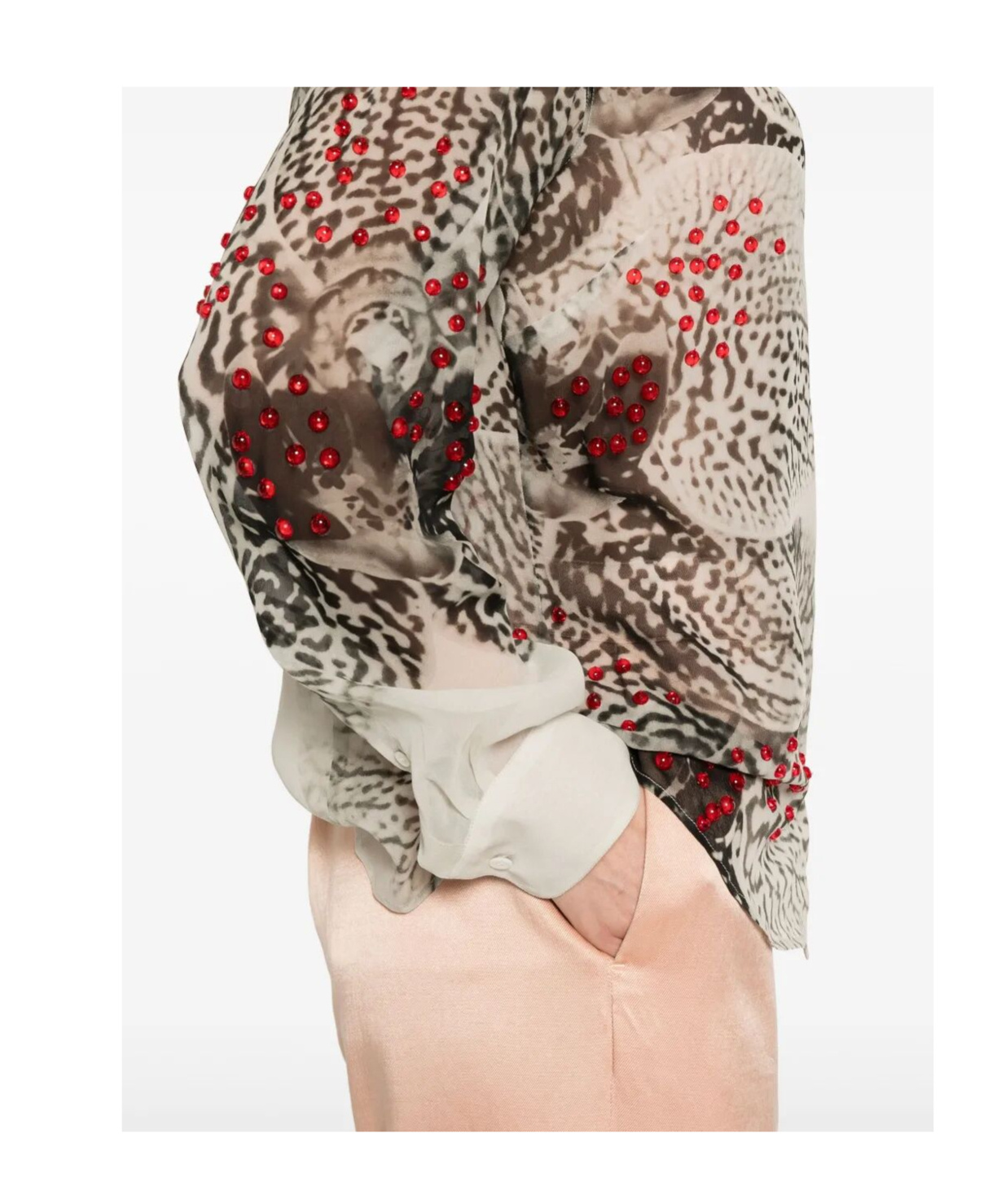 Dries Van Noten Abstract Print Beaded Collared Sheer Shirt