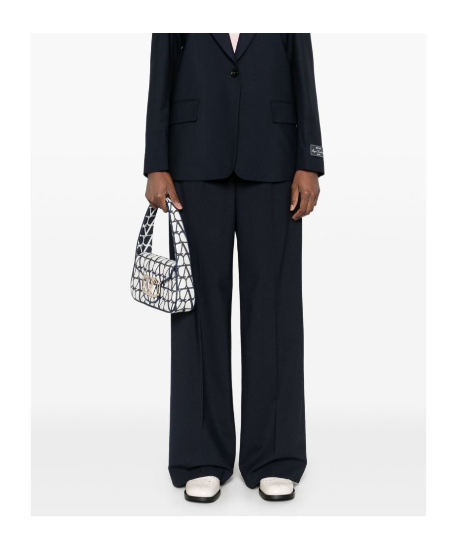 Msgm Blue Wool Trousers With Elastic Waistband And Logo In Black