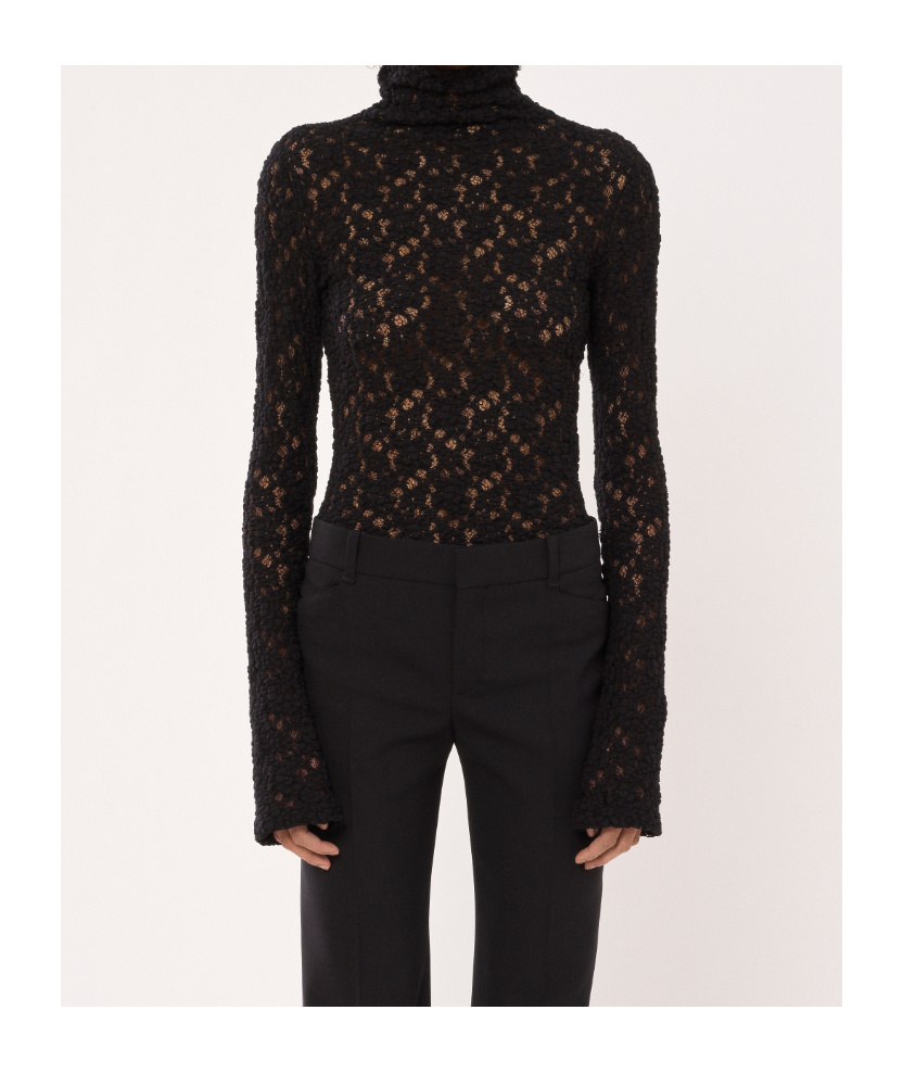 Chloé Turtleneck Long-sleeve Smocked Lace Top In Black