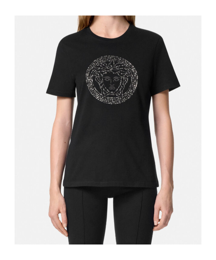 Versace Black Embellished Medusa T-shirt In Black