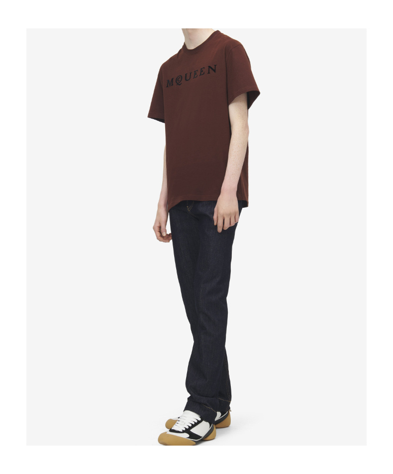 Alexander Mcqueen Men's Flocked Mcqueen Logo T-shirt In Deep Red In Brown