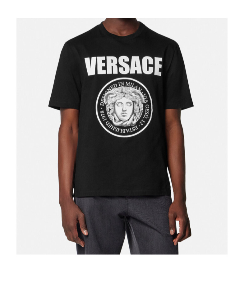 Versace Black Crewneck T-shirt With Maxi Logo Print On The Front In Black
