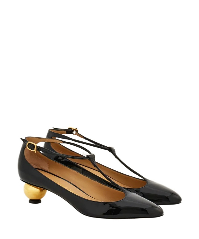 Ferragamo Round Toe T-bar Strap Gold Heel In Black