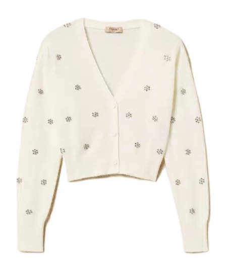 Twinset Cropped Cardigan With Fluffy Texture And Sparkling Embellishments In Neutral