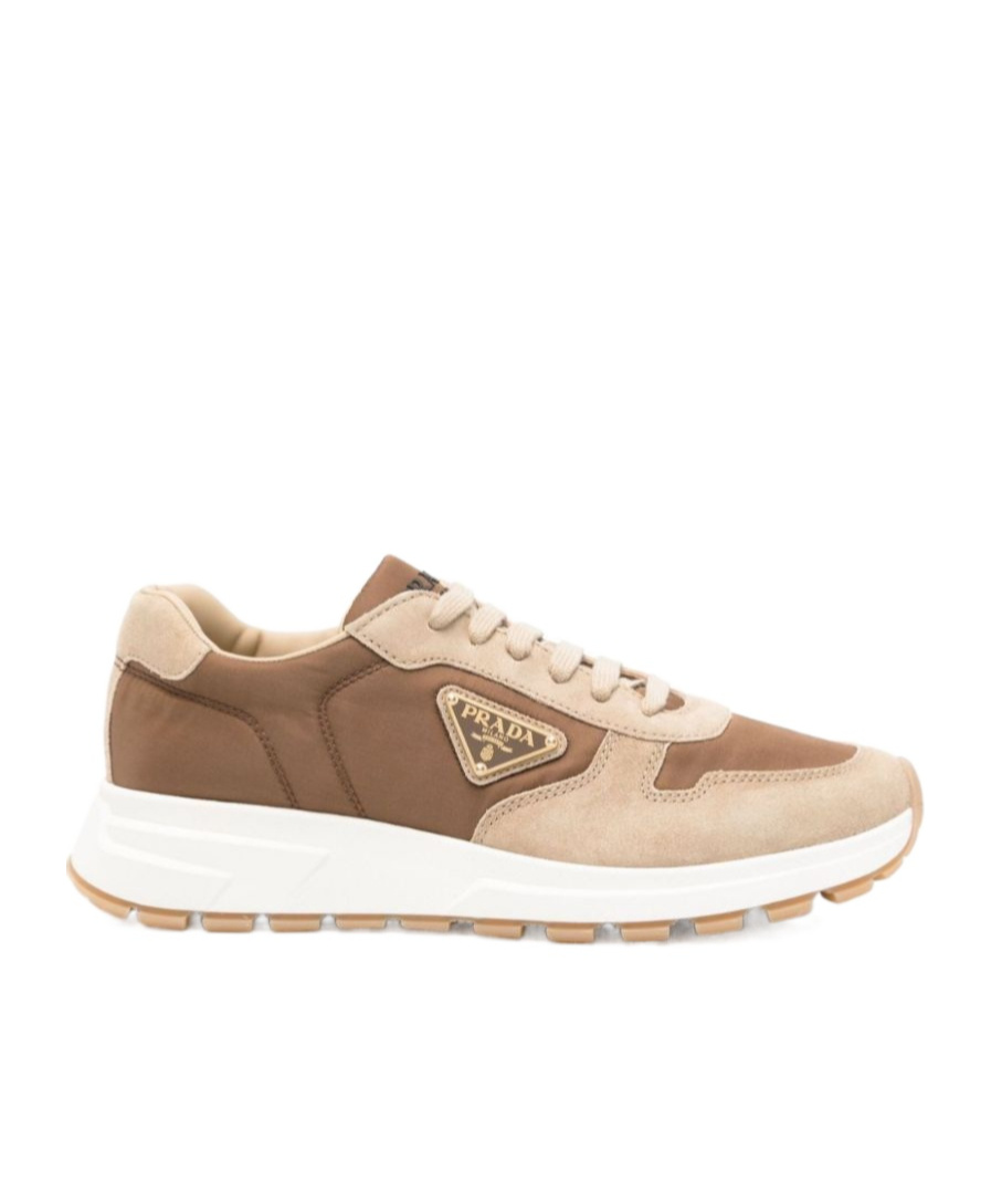 Prada Enamel-triangle Lace-up Sneakers In Nude