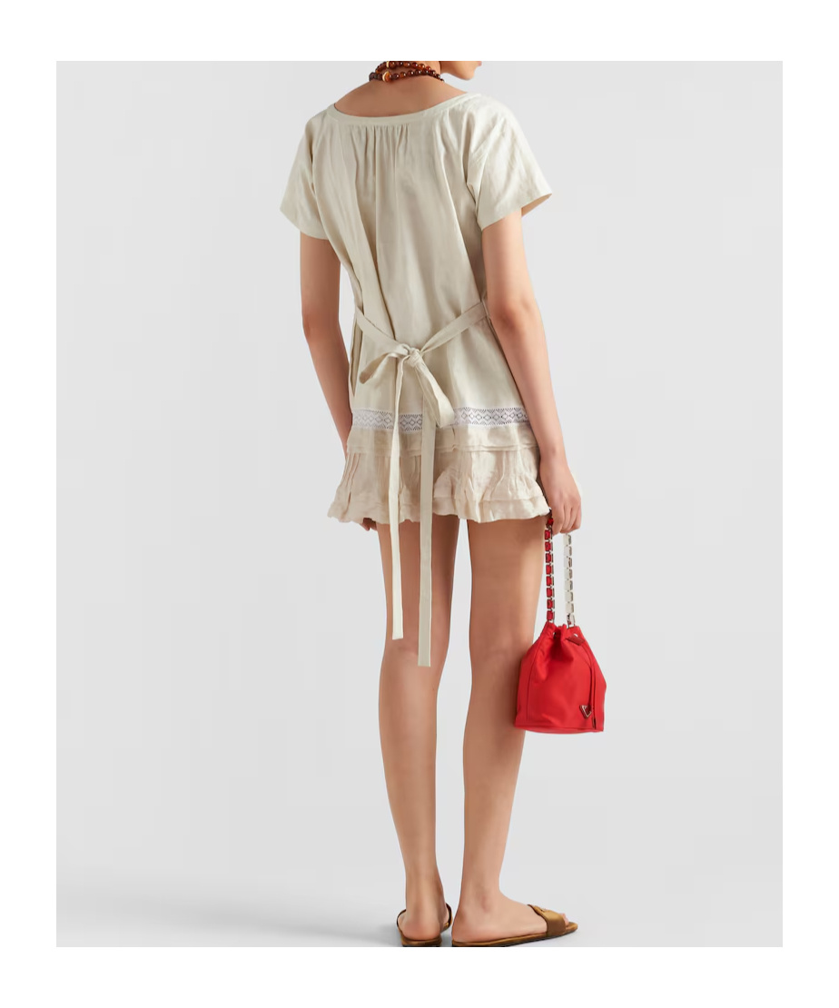 Prada Womens Neutral Embroidered Lace-trim Linen Mini Dress In Natural Color