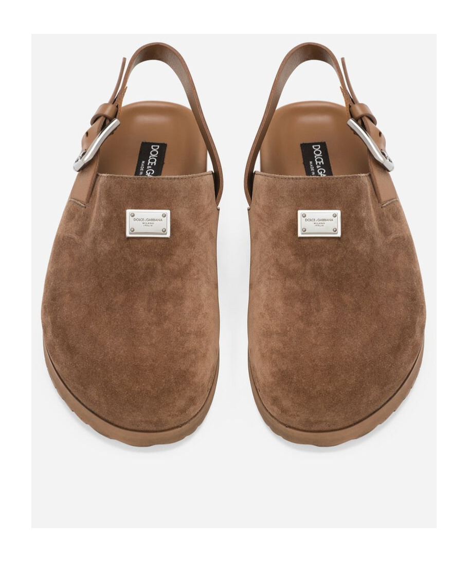 Dolce & Gabbana Logo-plaque Suede Mules In Brown