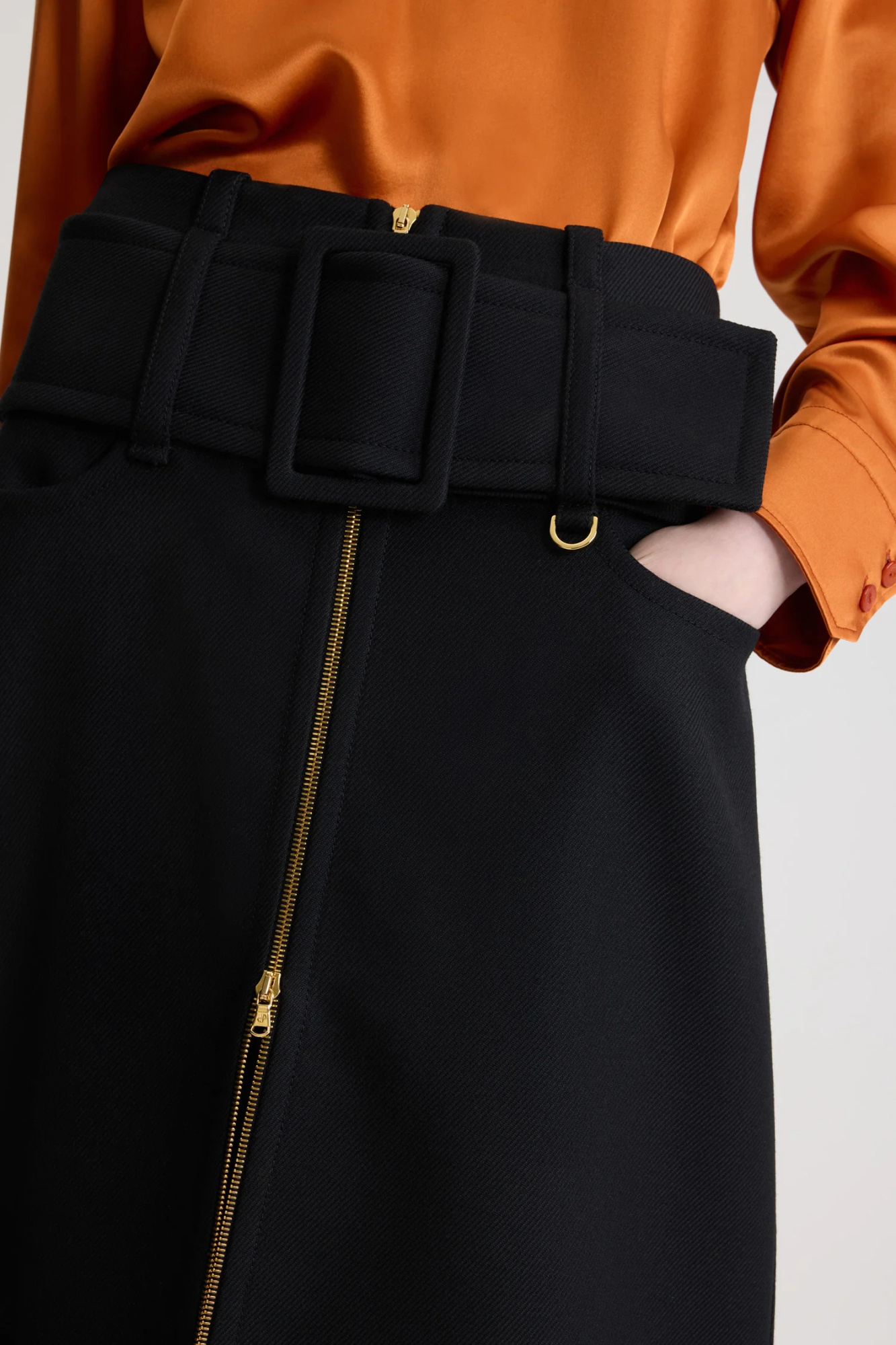 Patou Zip-front Belted Midi Skirt In Black
