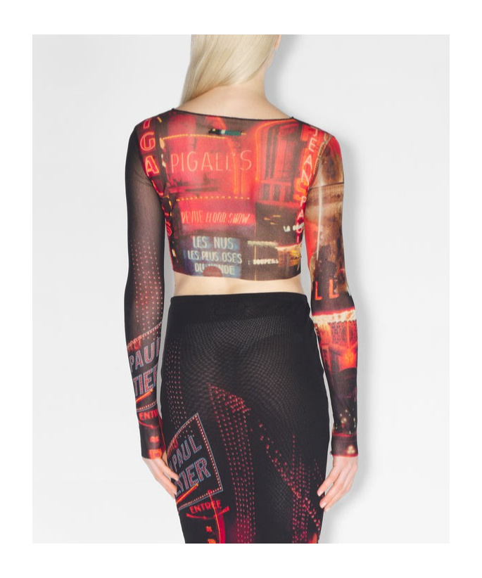 Jean Paul Gaultier Pigalle Mesh Long Sleeve Crop Top In Black