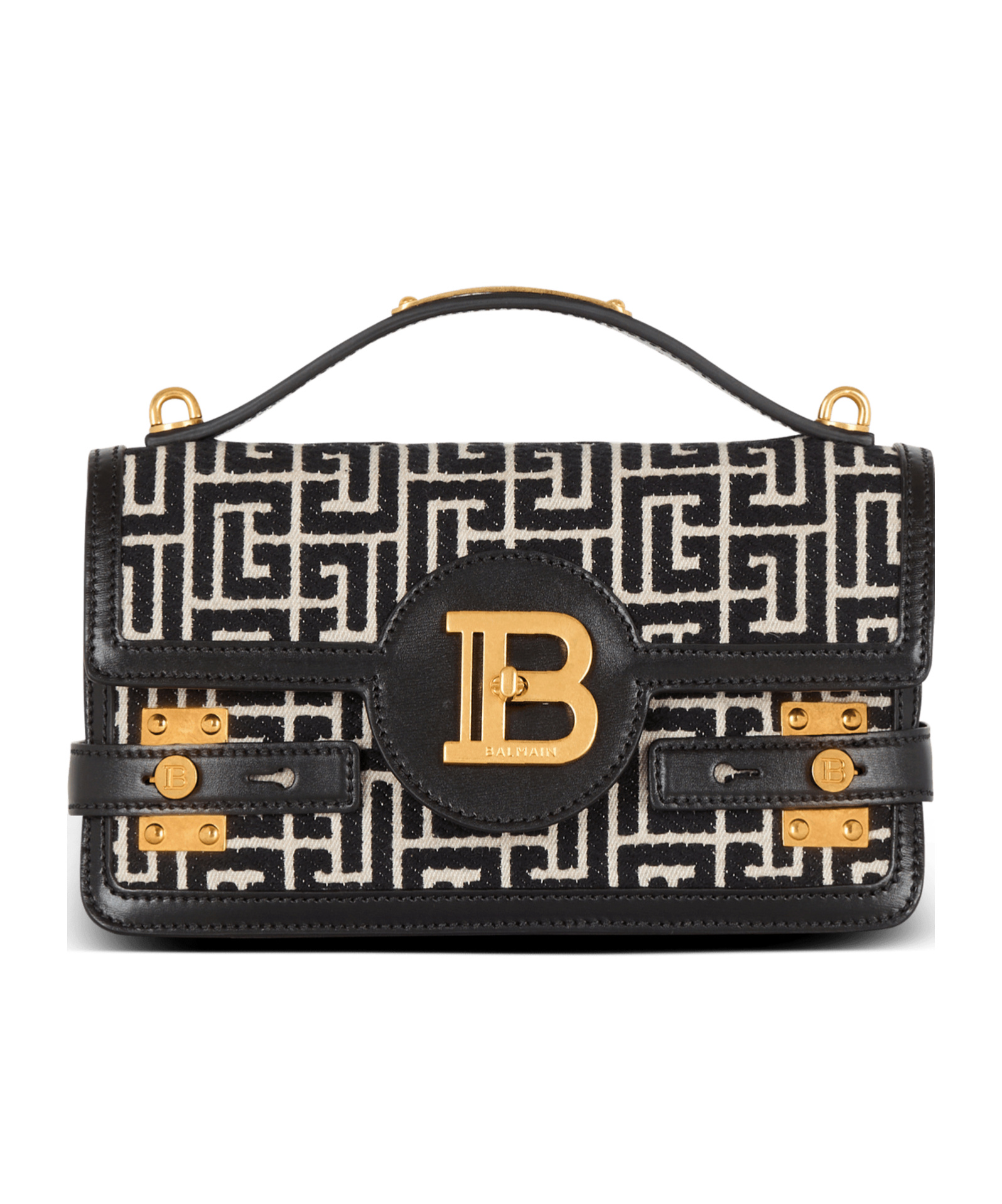 BALMAIN B-BUZZ SHOULDER 24 BAG IN CALFSKIN AND PB JACQUARD CANVAS