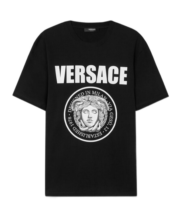 Versace Black Crewneck T-shirt With Maxi Logo Print On The Front In Black