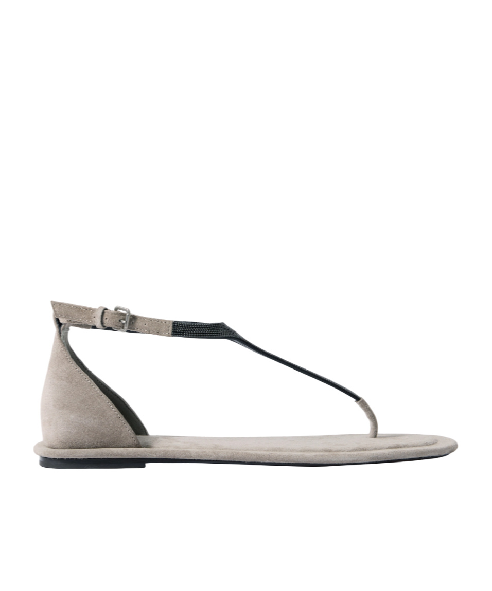 Brunello Cucinelli Monili Suede Flat Thong Sandals In Gray