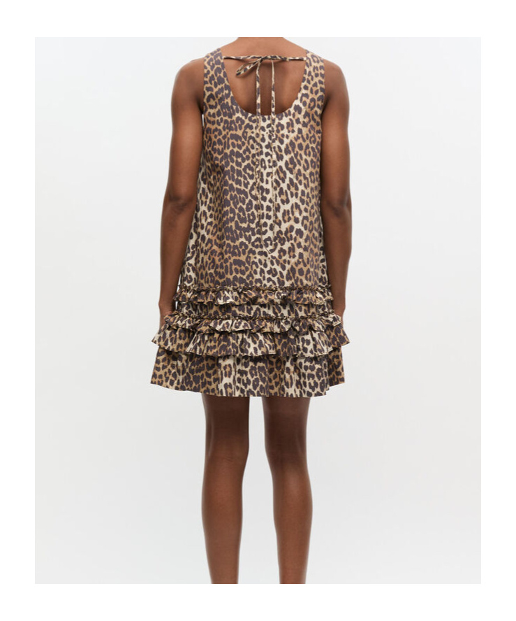 Ganni Brown Leopard Cotton Poplin Mini Dress