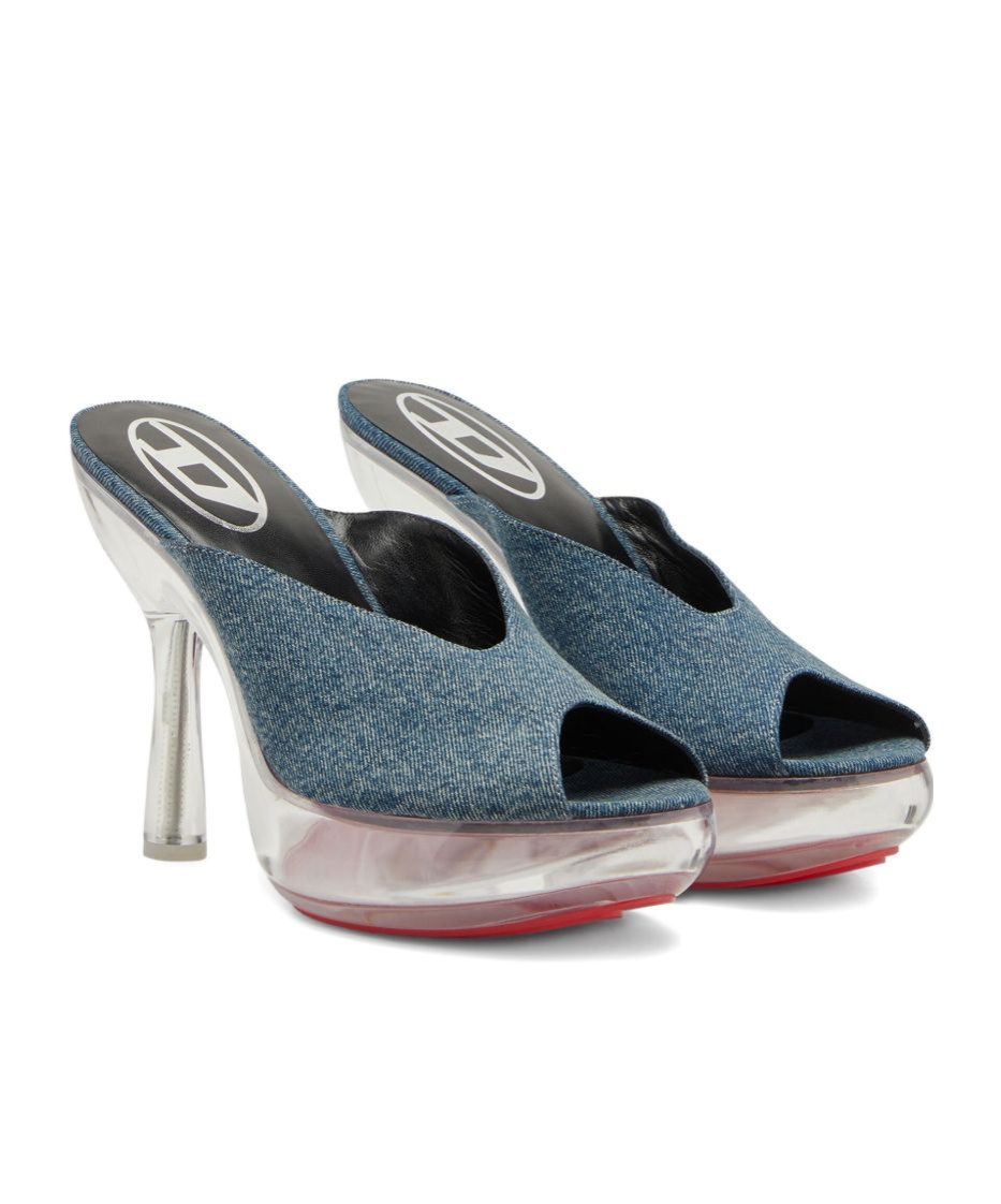Diesel D-lake-platform Mules In Denim And Plexiglass In Blue
