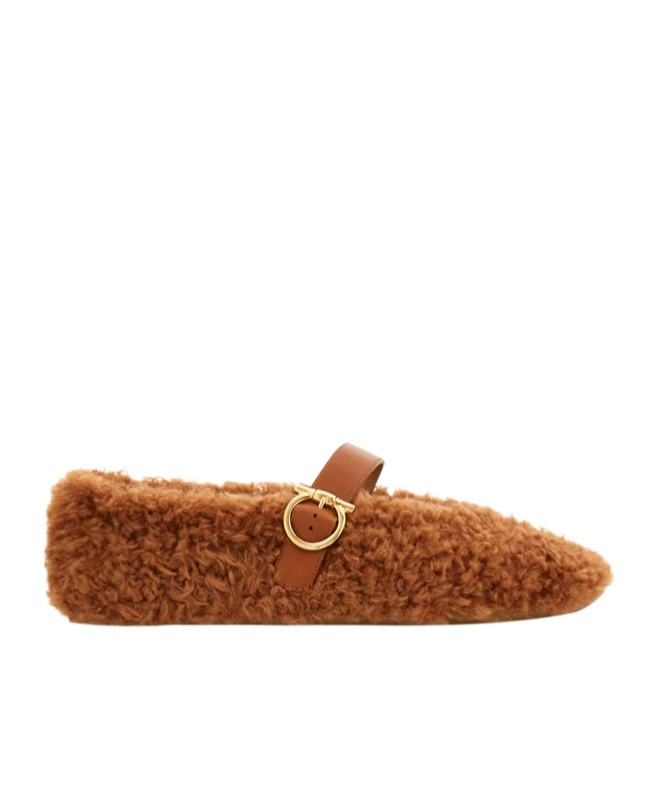 Ferragamo Shearling Ballet Flat In Brown