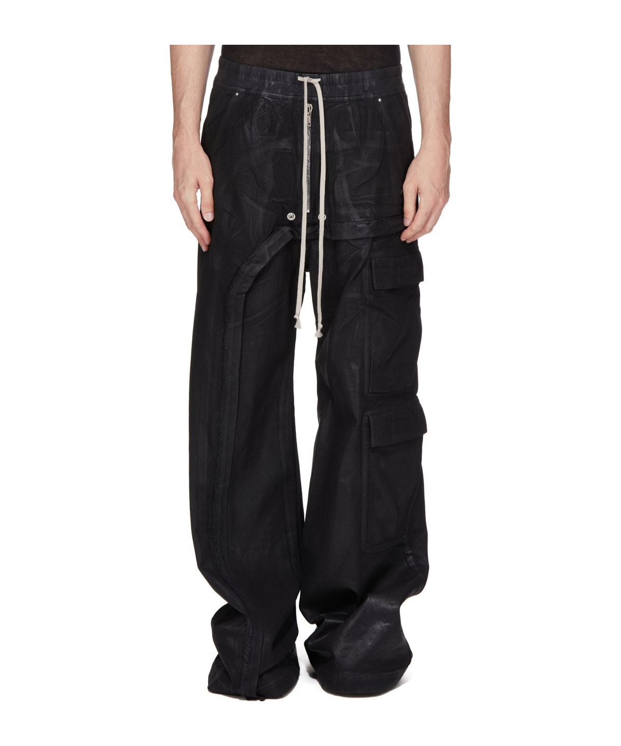 Rick Owens Drkshdw Black Hollywood Imbalanced Double Cargo Jumbo Belas Denim Cargo Pants In Black