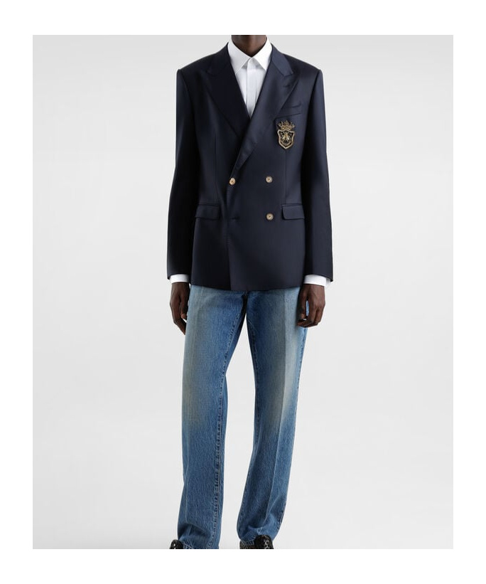 Dolce & Gabbana Men Double-breasted Wool Jacket With Patch In Black