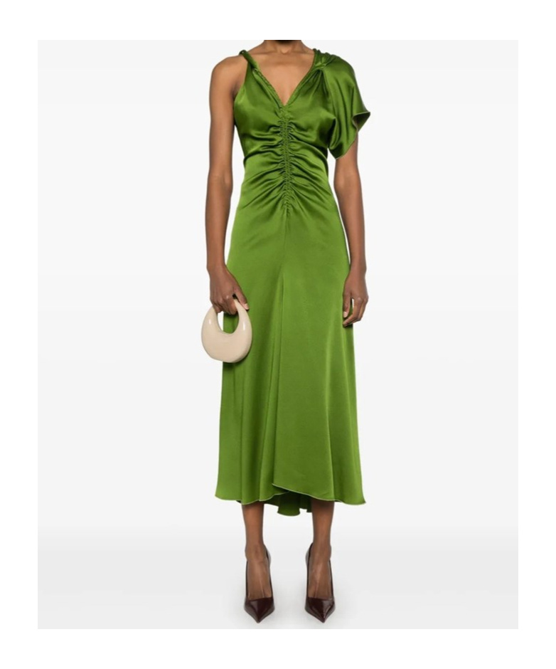 Victoria Beckham Asymmetric Ruched Midi Dress In Green