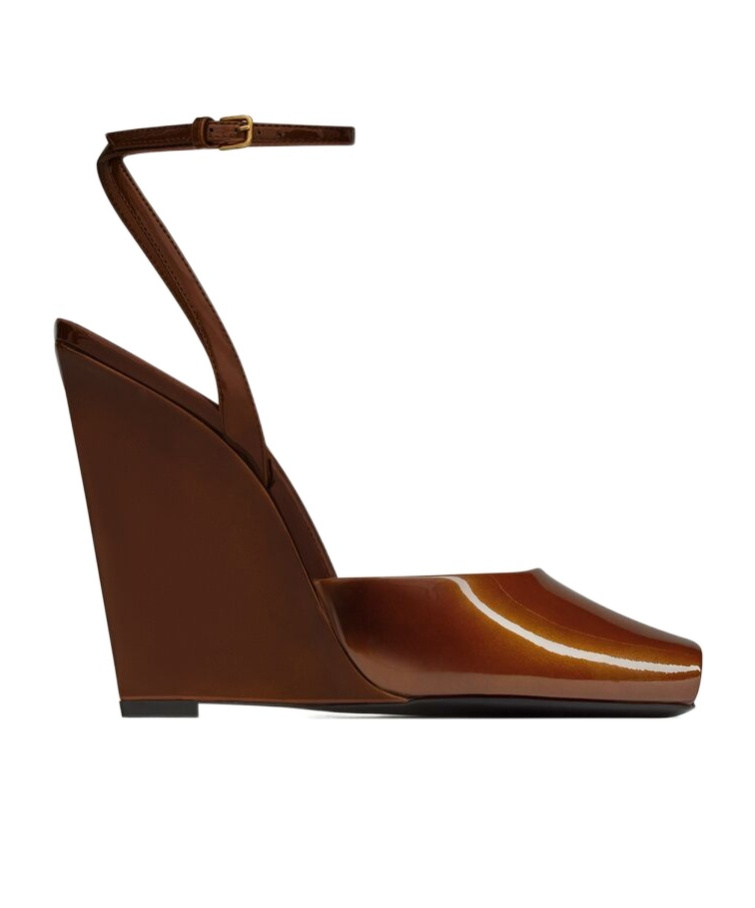 パンプス SAINT LAURENT BROWN SHINY LEATHER WEDGES Saint Laurent La Scandale Patent-leather Wedge Sandals In