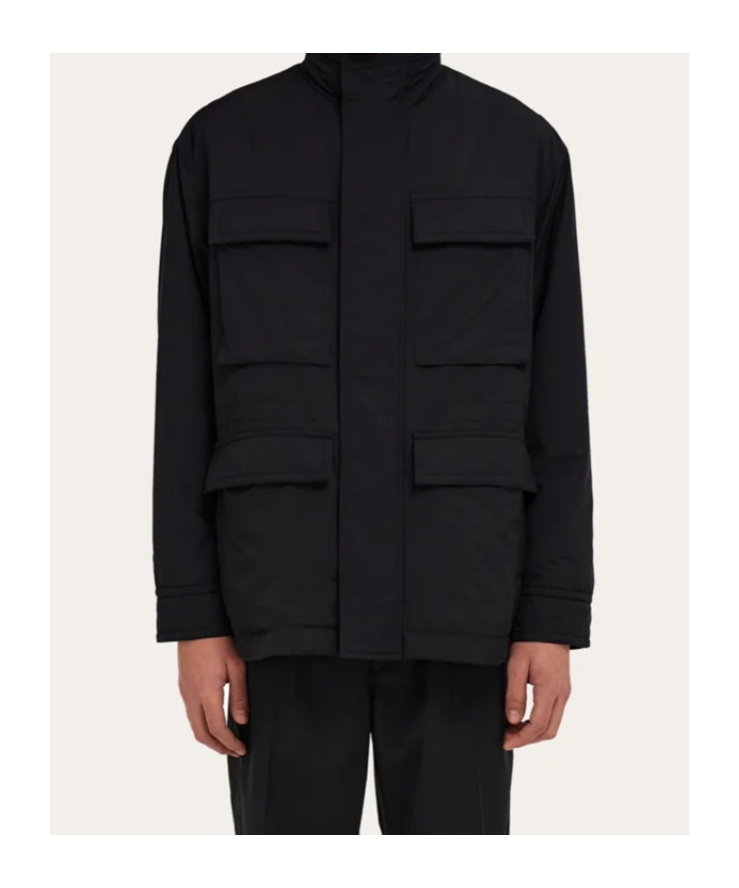 Ferragamo Technical Faille Caban Overcoat In Black