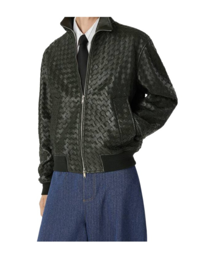 Bottega Veneta Blouson En Cuir Intrecciato In Green
