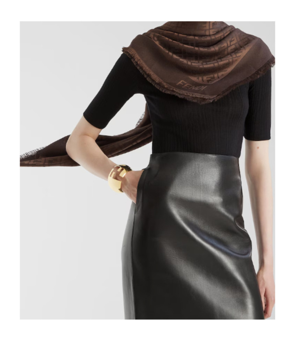 Fendi Square Scarf Fringed Edges In Brown