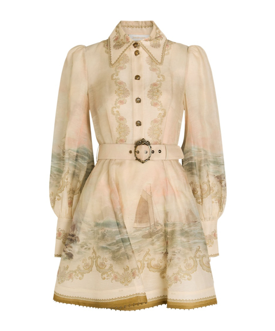 Zimmermann Rebellion Marine Printed Linen-blend Mini Shirt Dress In Nude