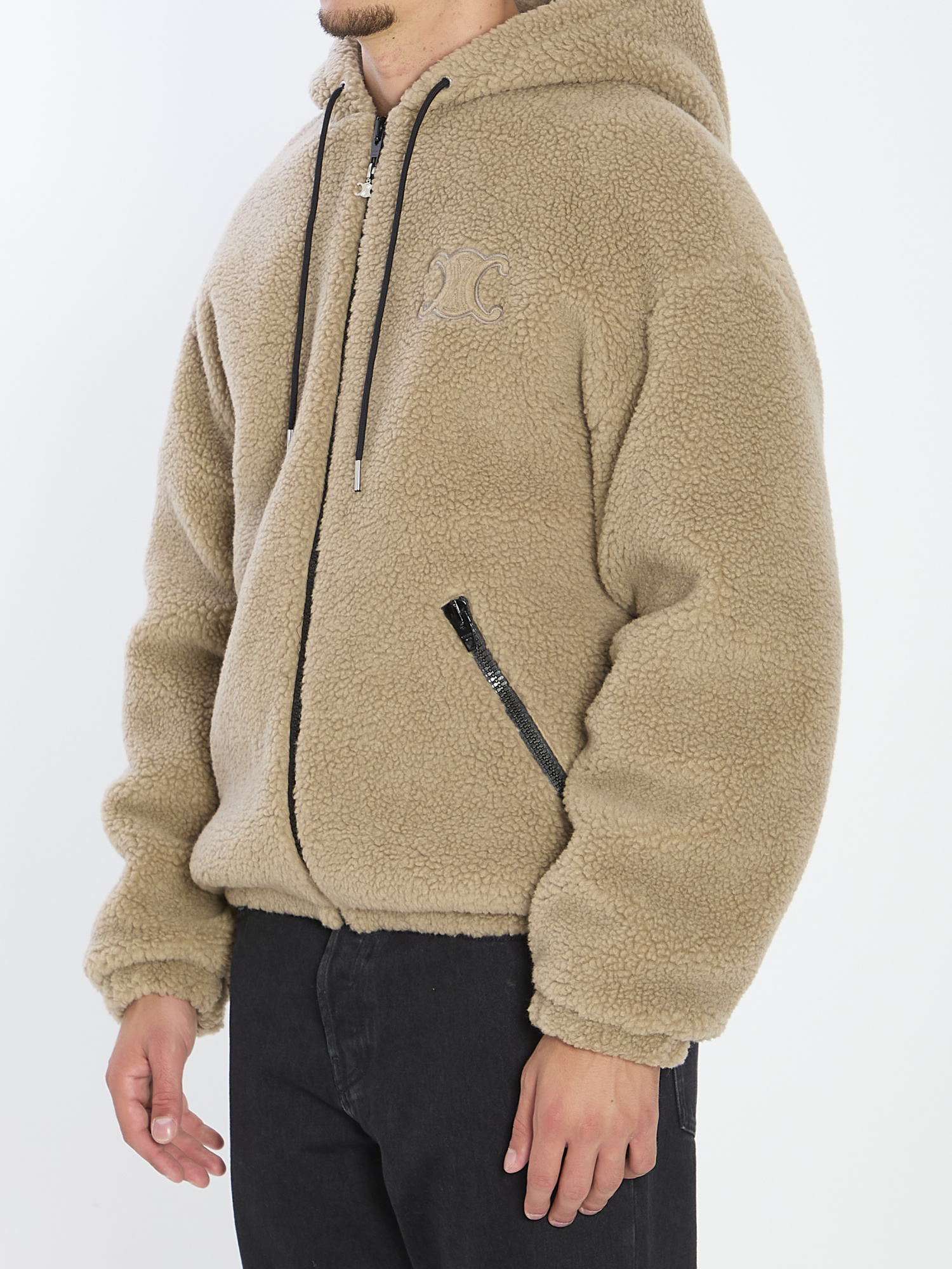 Celine Hooded Jacket In Wool And Cotton Fleece In Brown