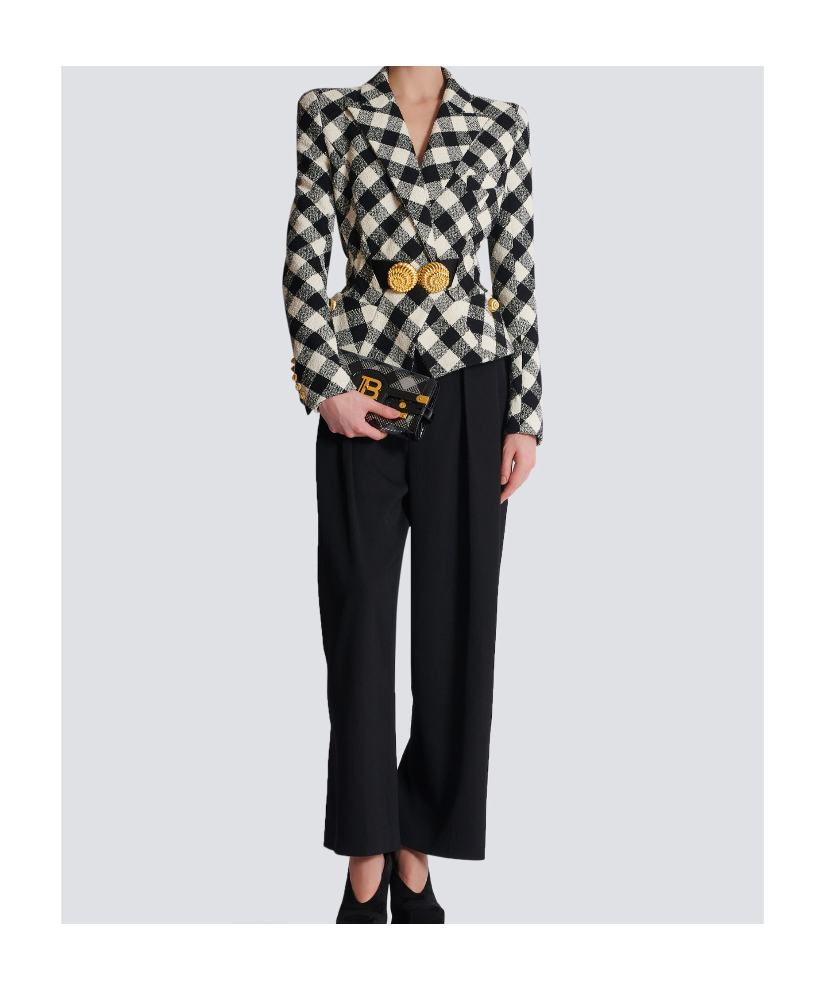 Balmain B-buzz Pouch 23 With Gingham Sequins And Patent Leather In Black