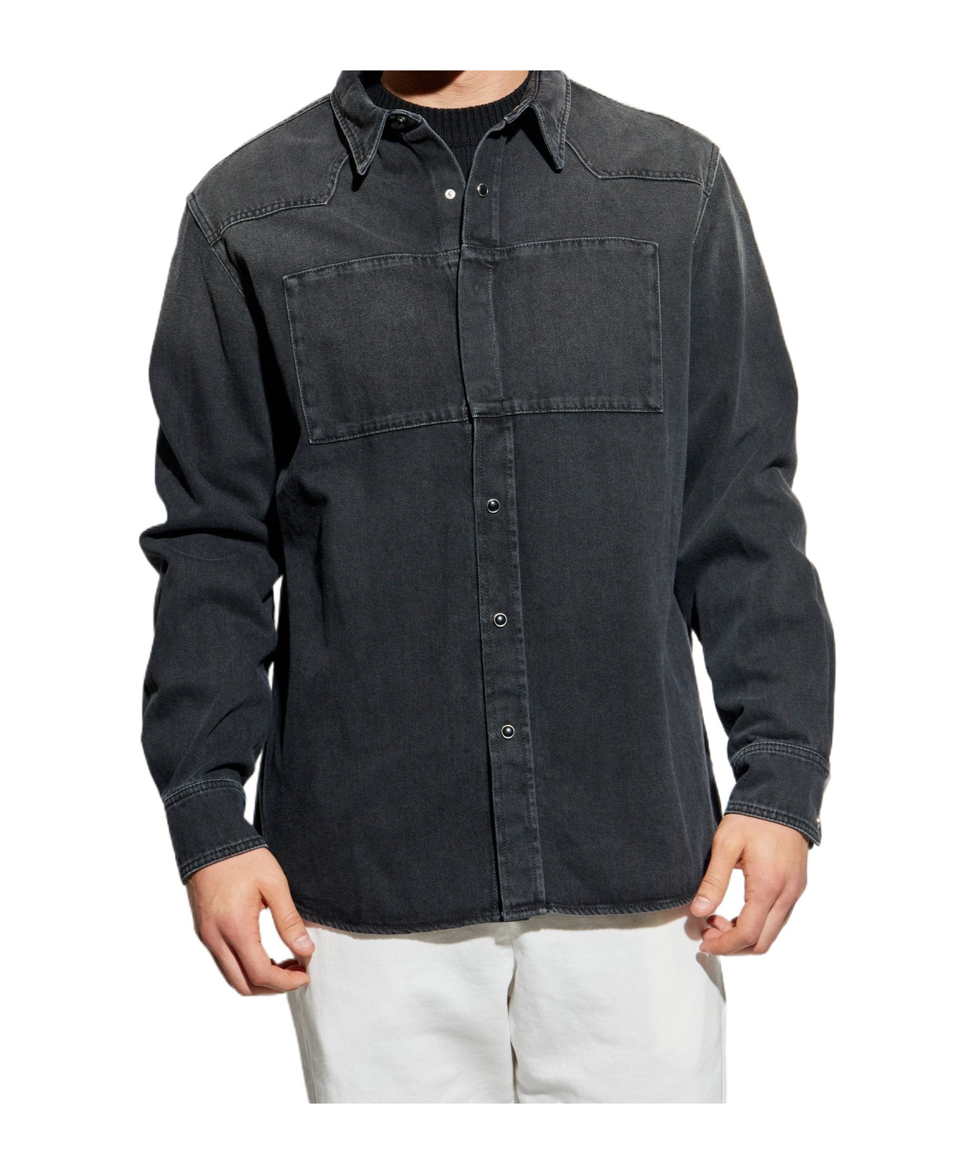 Mm6 Maison Margiela Mm6 By Maison Margiela Black Denim Shirt With Visible Stitching And Curved Hem In Gray