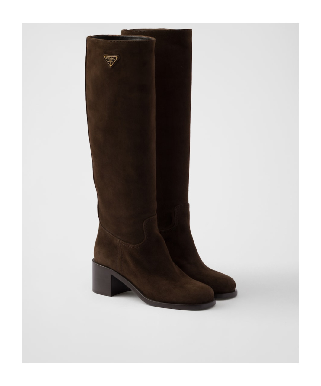 Prada Suede Block-heel Knee Boots In Dark Brown