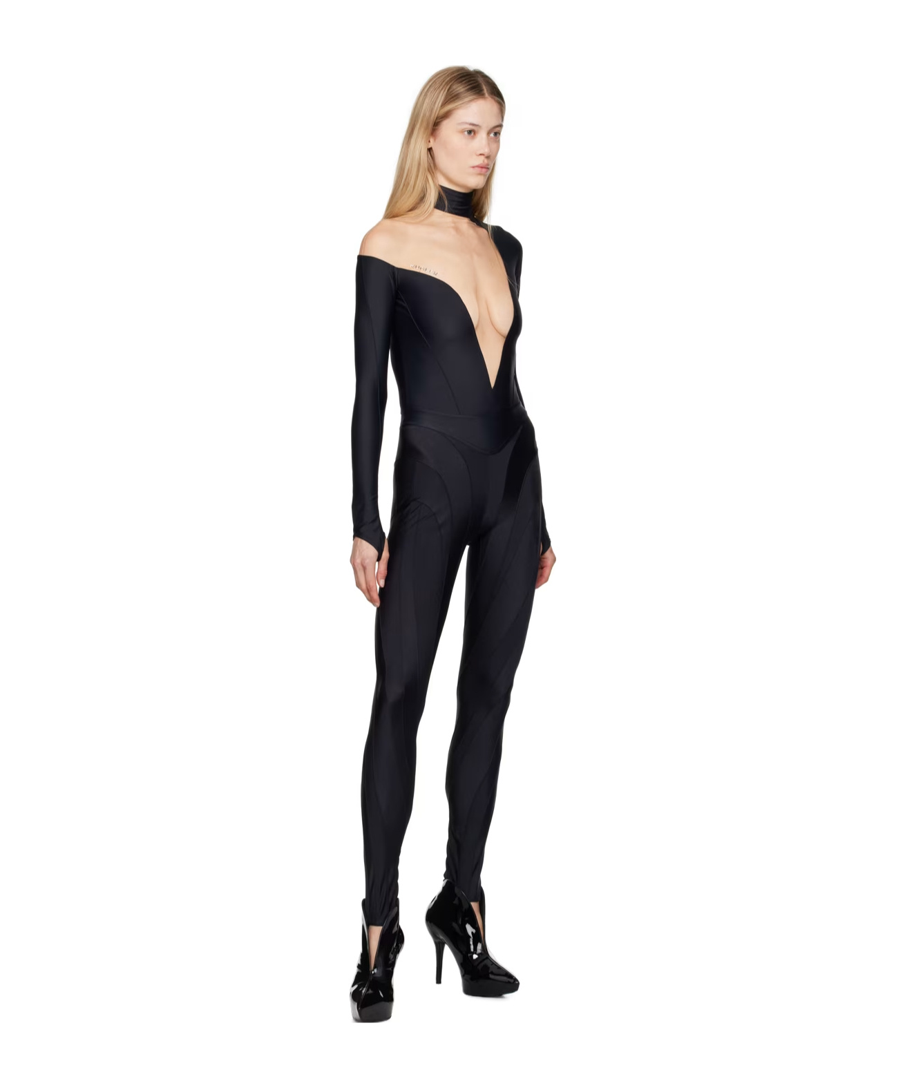 Mugler Black & Beige Asymmetrical Illusion Bodysuit In Black