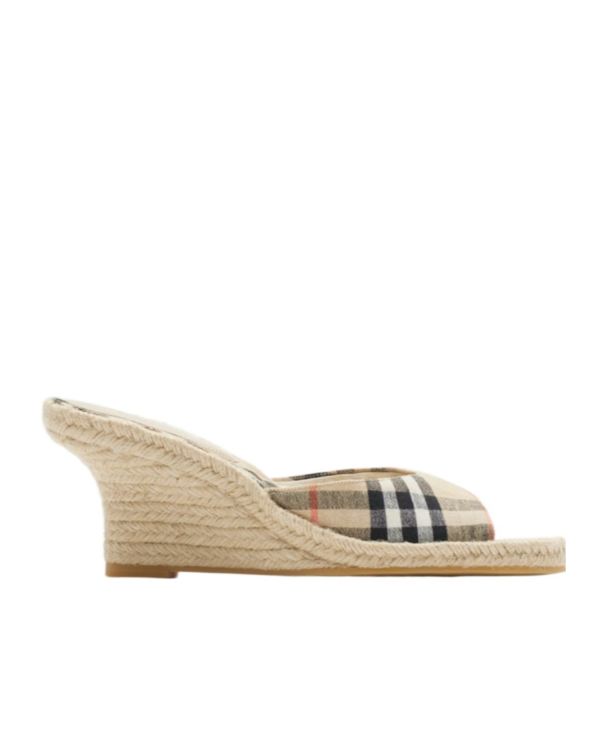 Burberry Checked Canvas-jacquard Espadrille Wedge Mules In Sand-colored