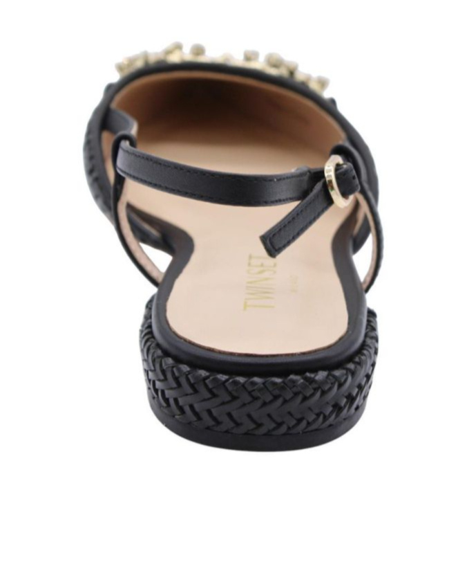 Twinset Raffia Sandal With Jeweled Clamp In Black